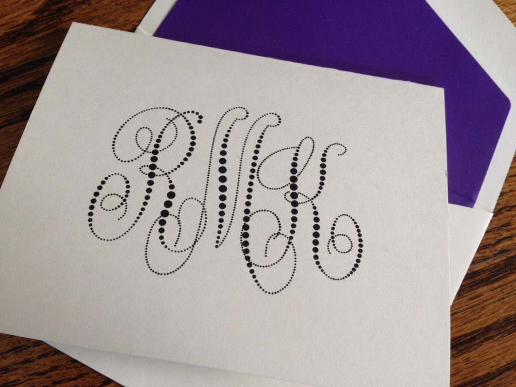 Pearl String Monogram Note in black raised ink with purple envelope lining from EmbossedGraphics.com