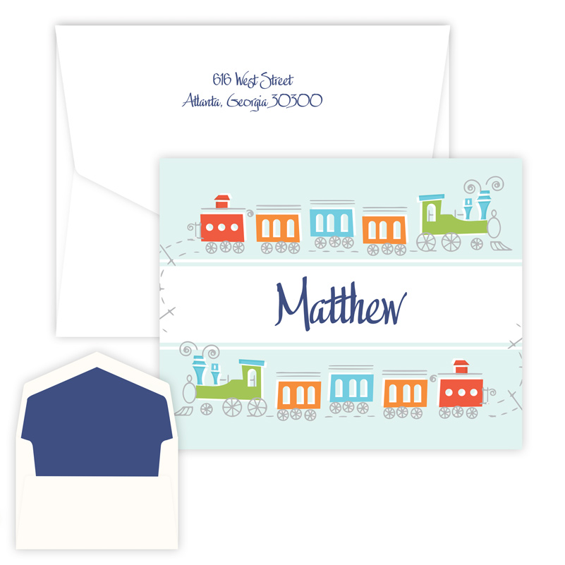 Choo Choo Train Folded Note from Embossed Graphics is perfect for baby shower thank you notes.