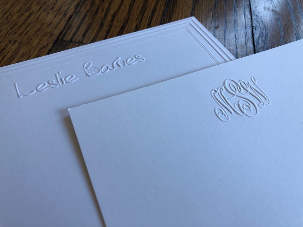 Embossed stationery is timeless, like these two pieces. An embossed name or monogram adds luxury to your stationery. 