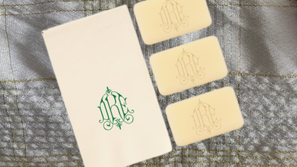 Monogrammed soap and guest towel set from Embossed Graphics